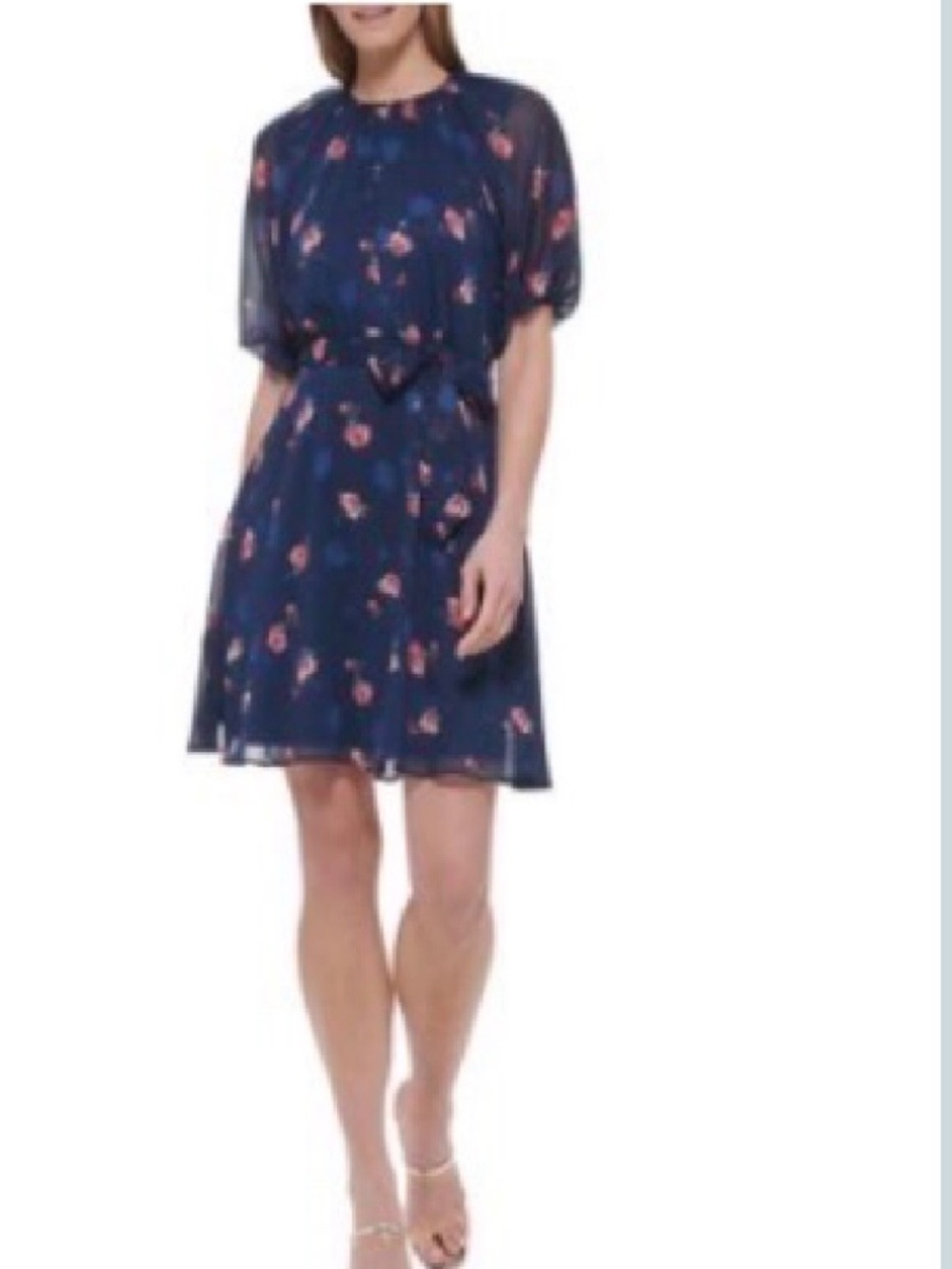 DKNY Navy Floral Midi Dress with Red & Pink Blooms
